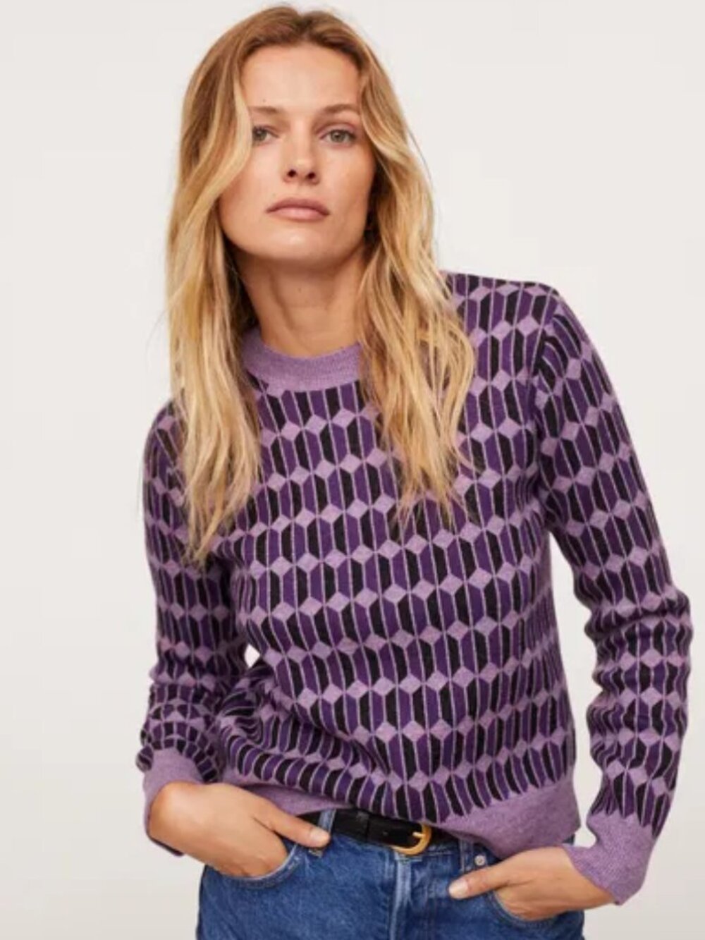 Mango Purple Black Patterned Crewneck Knit Sweater Large BTS ARMY Kpop Cozy NWOT